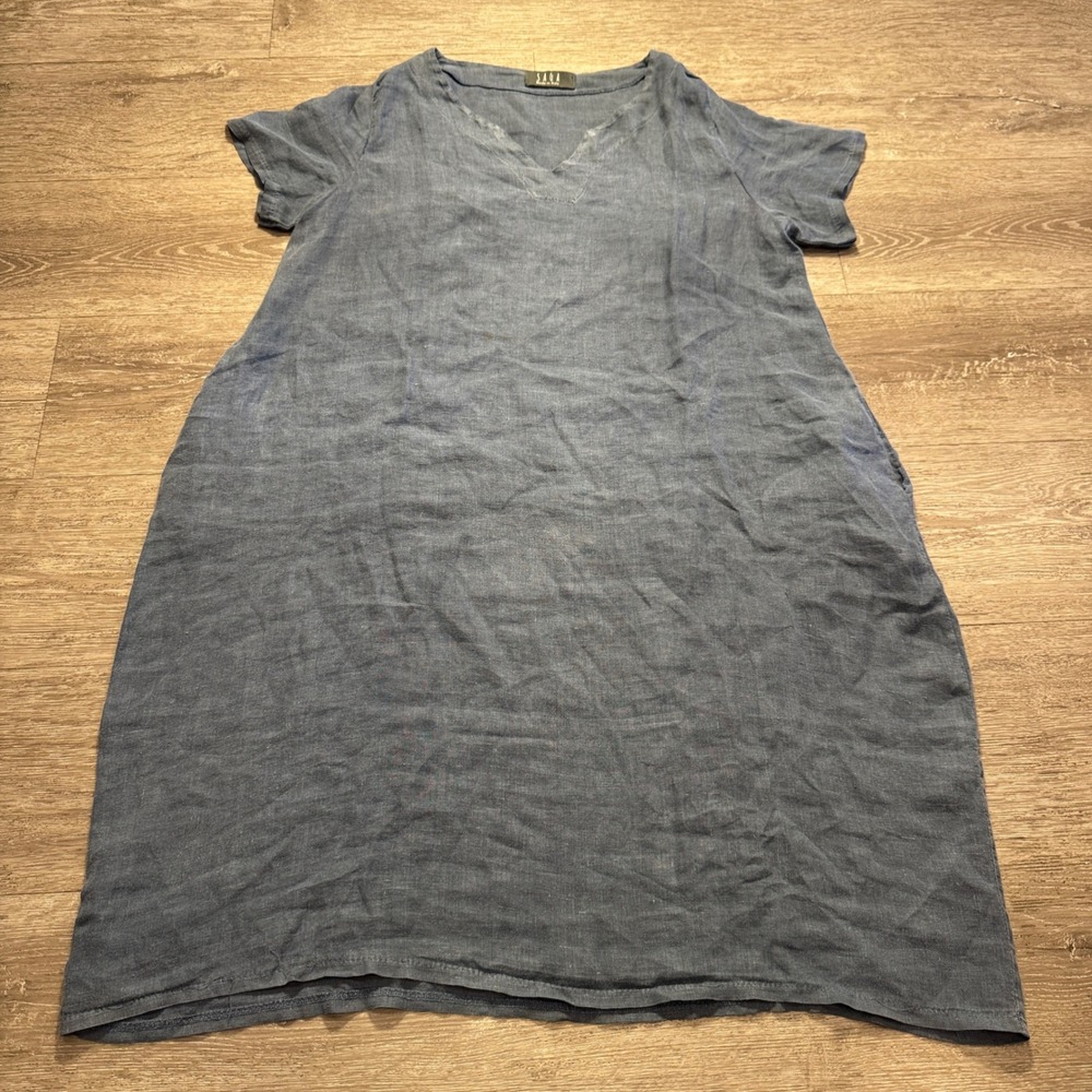 Saga Dress Womens L Blue 100% Linen Coastal Vacation Italy V Neck Beach Flowy